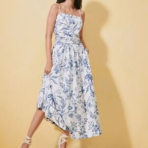 Loft Bird Toile Strappy Midi Pocket Dress Blue White Floral Cotton